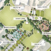 Architectural rendering of Towne Center Park renovation.